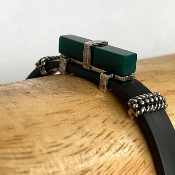 Sterling Silver 925 Rectangular Green Acrylic Black Banded Bracelet 7.5" - Picture 12 of 16